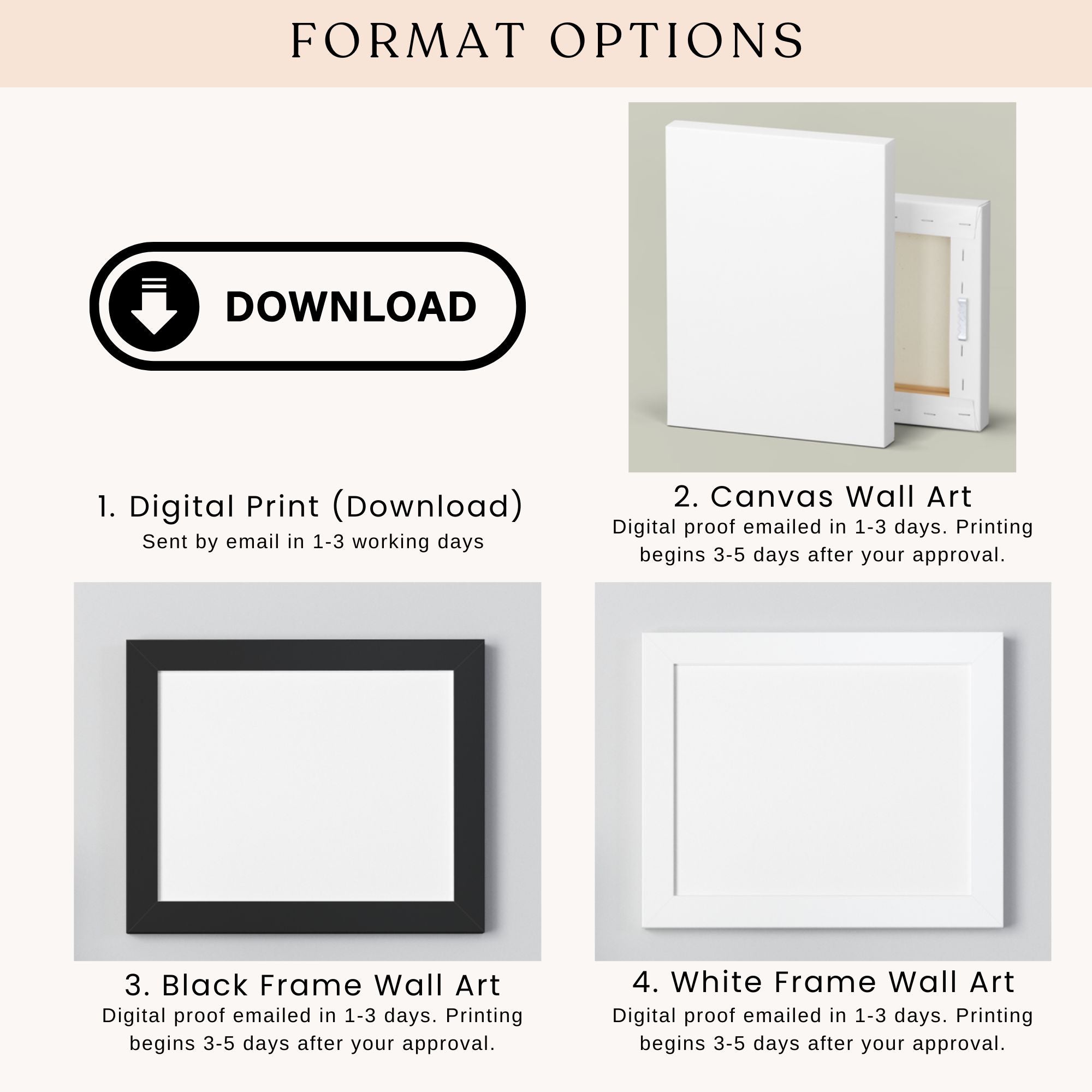 The image provides format options for digital prints and canvas wall art, including options for black frame wall art and white frame wall art.