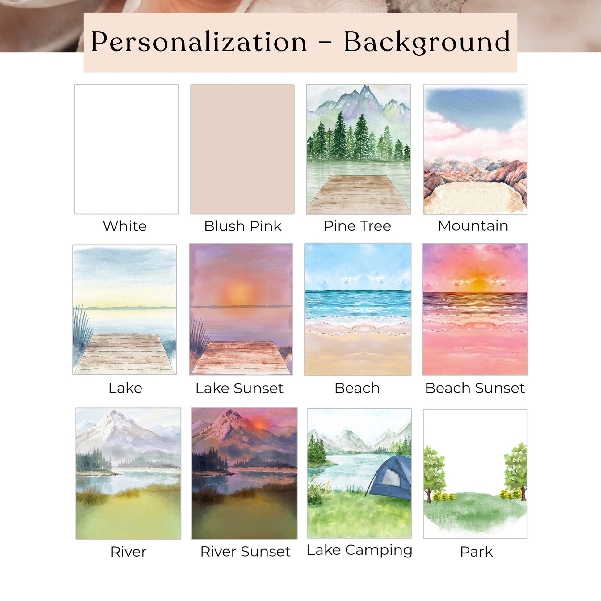 a collection of nine different landscape scenes, each with a unique background, representing various natural settings such as lakes, mountains, forests, and more.