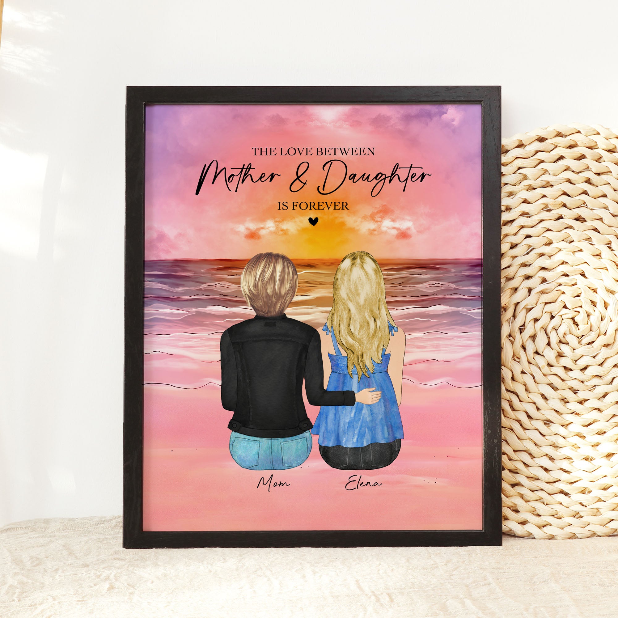 Mother Daughter Print - Personalized Family Portrait With Beach Sunset Background