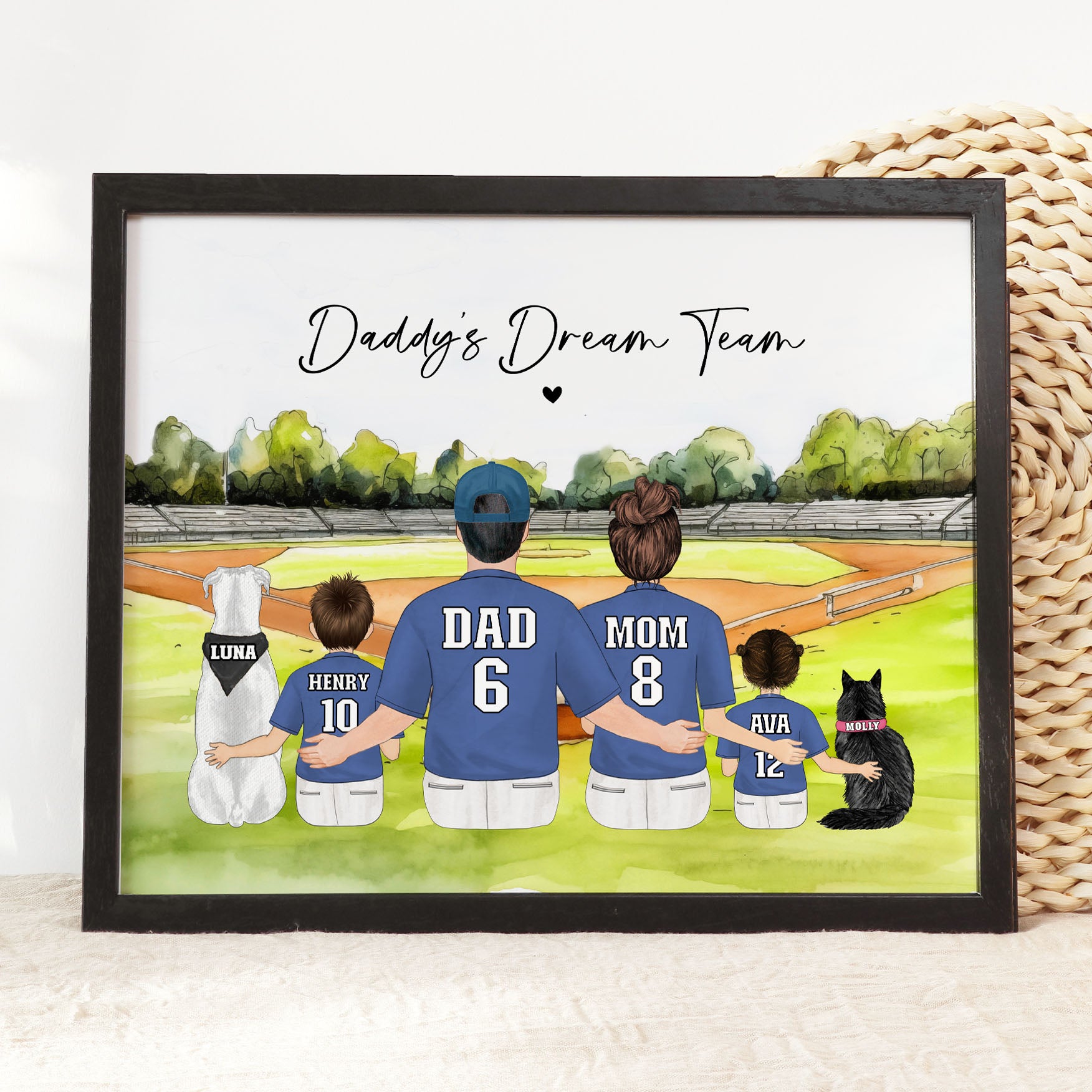 Custom Baseball Family Portrait – Personalized Art with Pets & Jersey Numbers