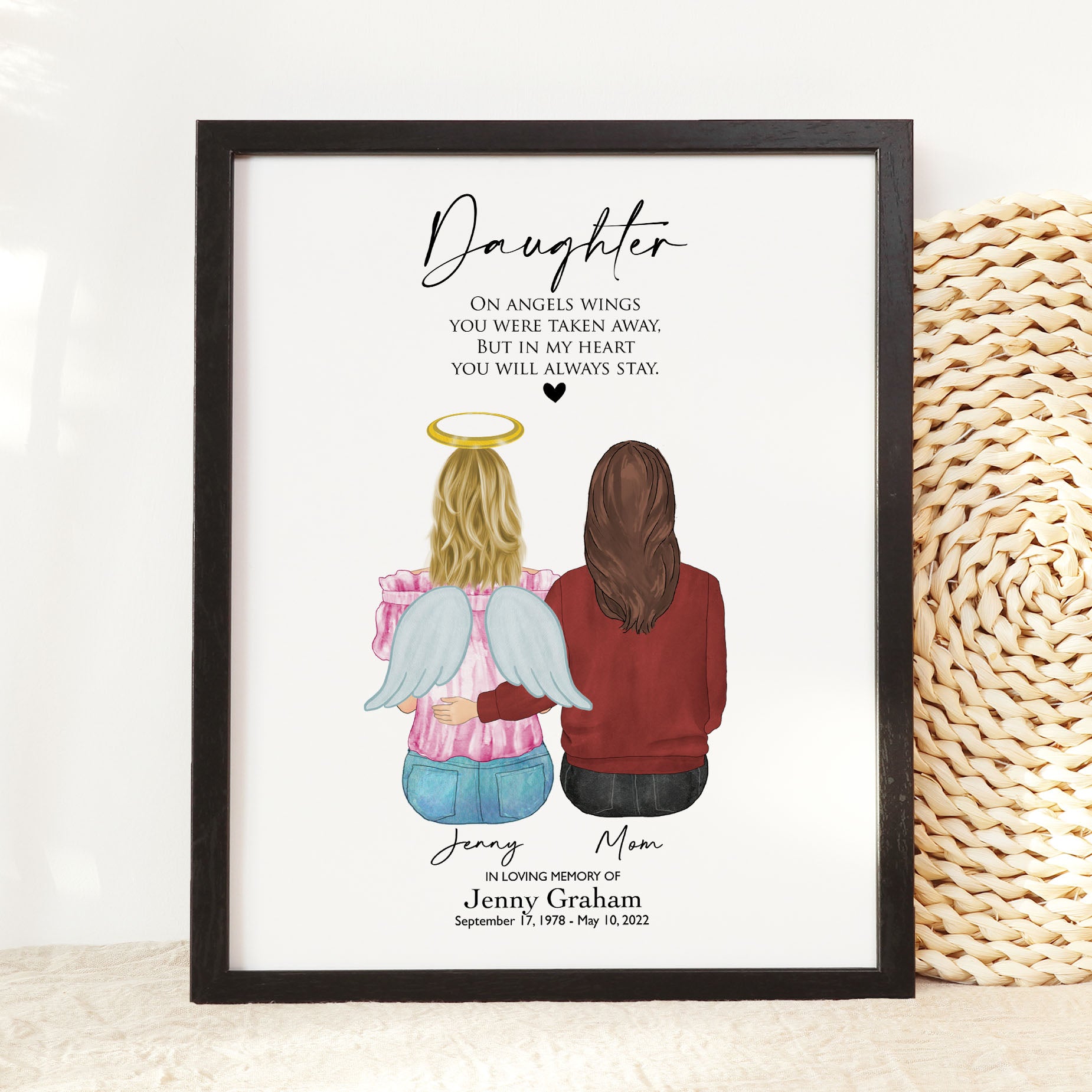 Loss of Daughter Memorial - Personalized Wall Art Print With Angel Illustration