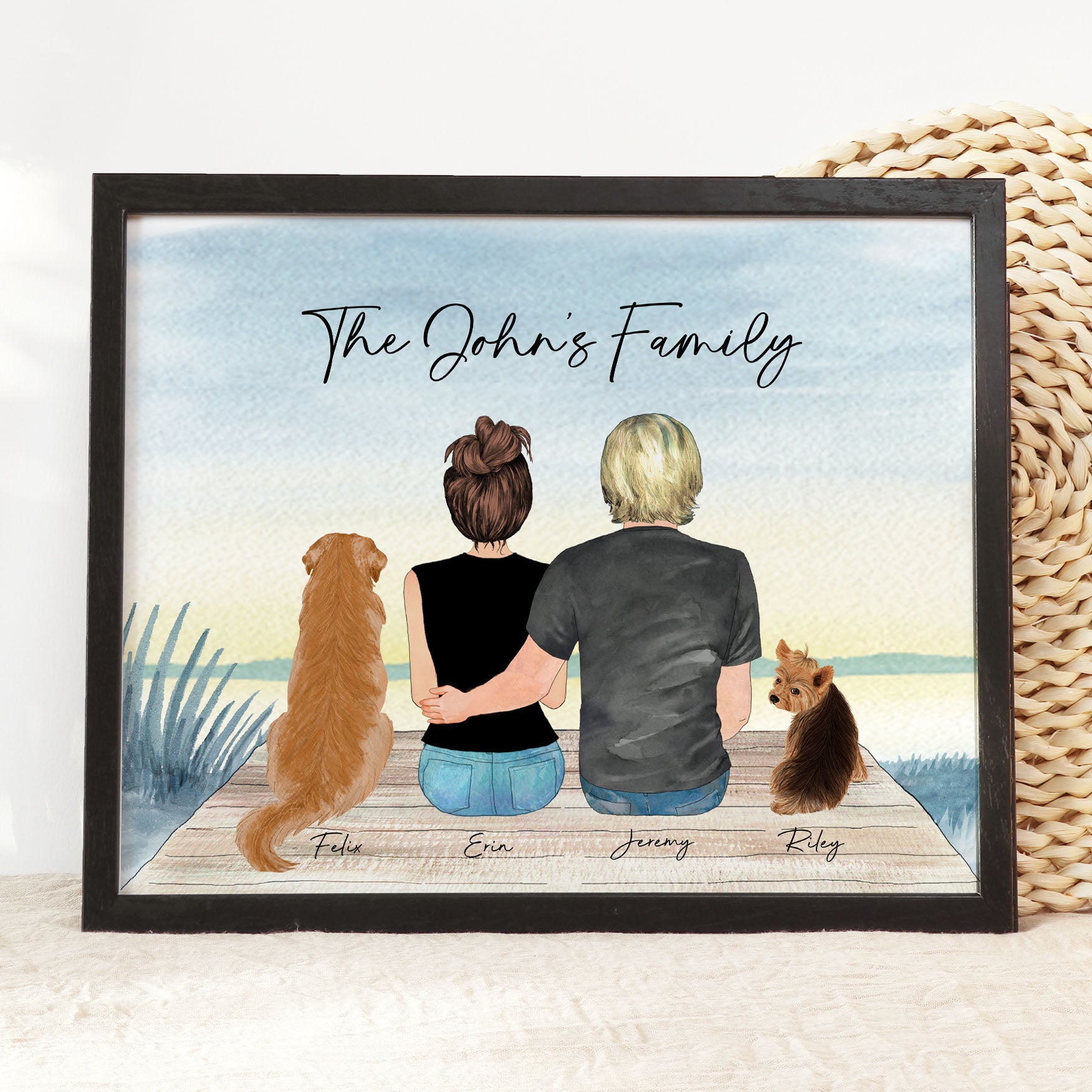 Custom Couple with Pet Portrait Wall Art Lake Background