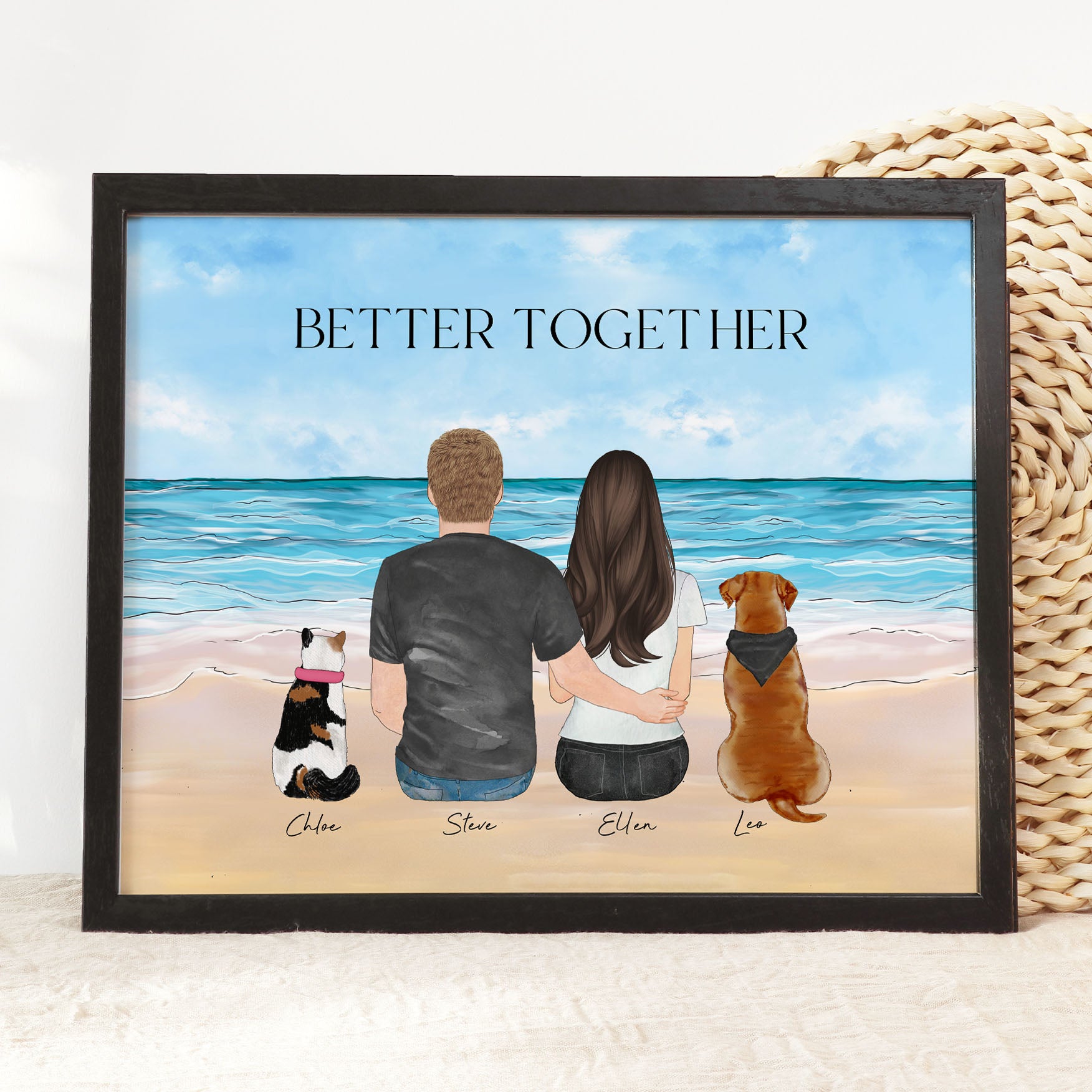 Custom Couple with Pet Portrait Wall Art Beach Background