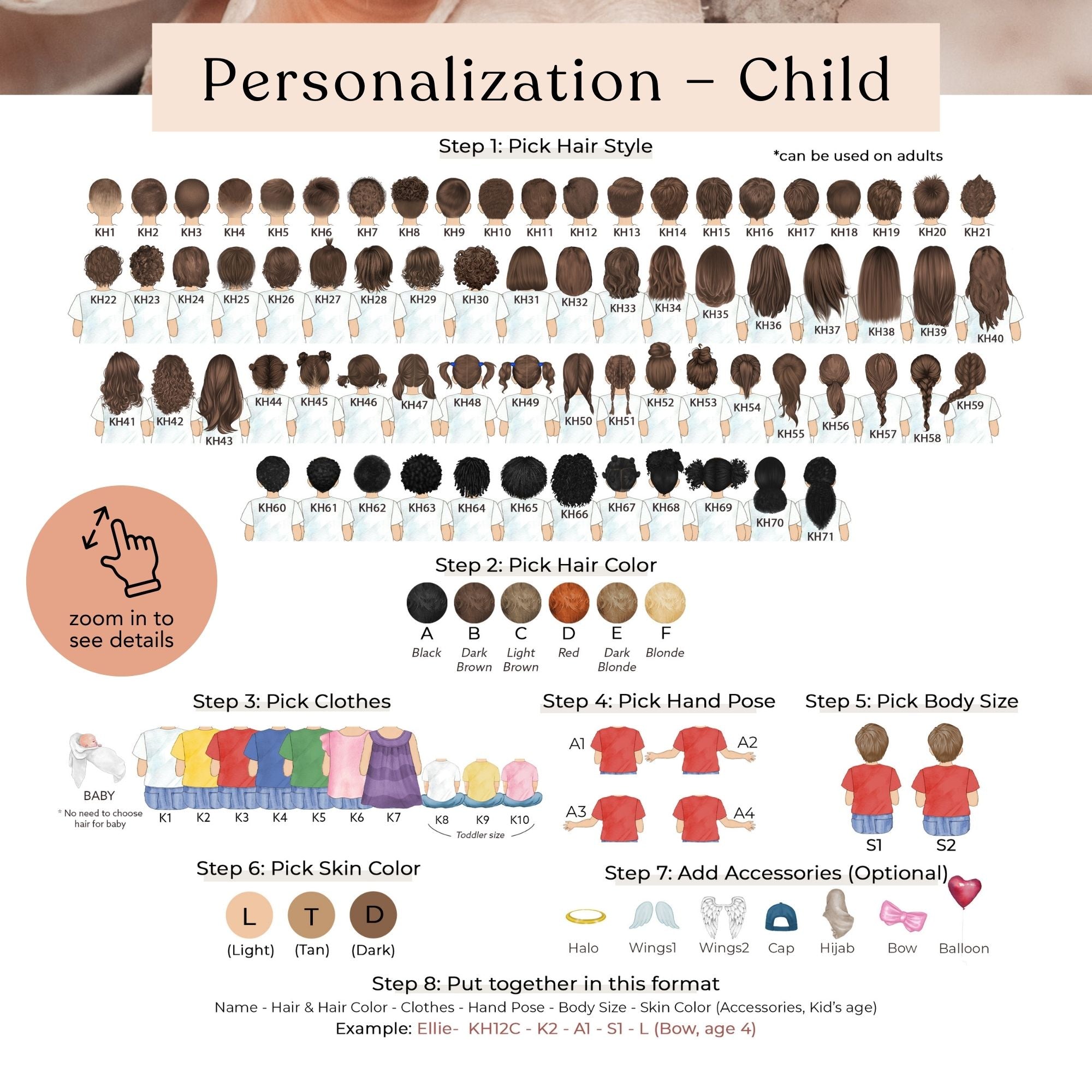 The image is a detailed illustration of a child's hair and clothing preferences, including various hair styles, colors, and accessories.