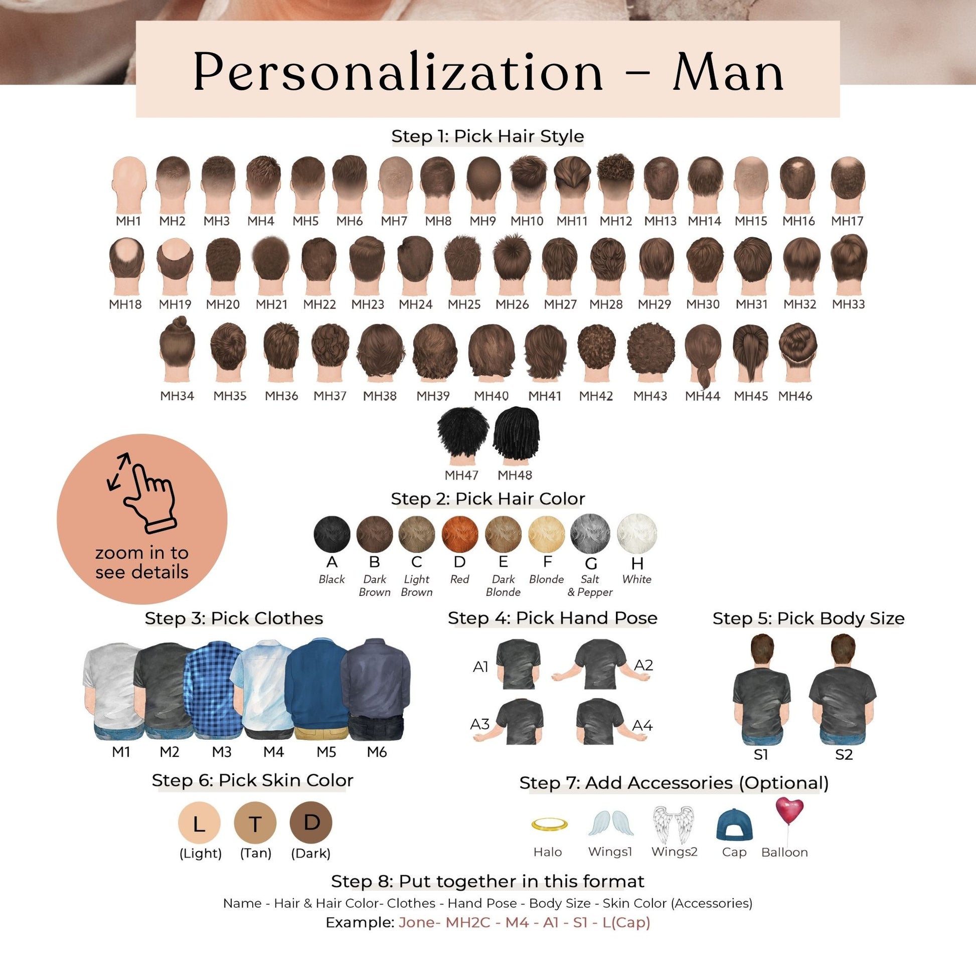 The image is a detailed guide for personalizing a man's appearance, providing step-by-step instructions for picking hair style, clothes, and accessories. It includes a color palette and a list of available colors for each step.