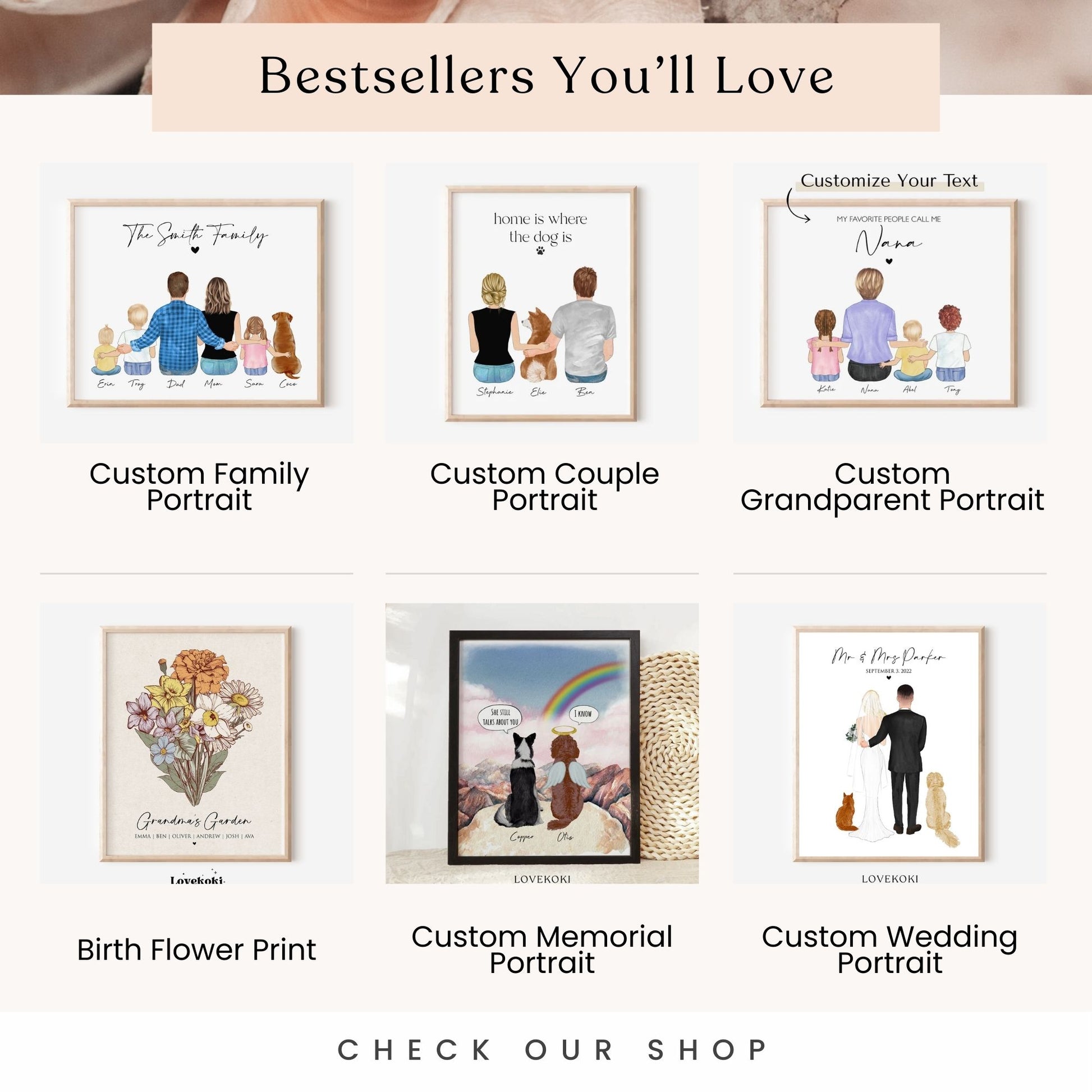 The image is a collection of six different custom portraits, each with unique designs and themes. The portraits include a family portrait, a couple portrait, a grandparent portrait, a flower print, a memorial portrait, and a wedding portrait. The portraits are designed to capture the essence of the subjects and their relationships, making them a thoughtful and meaningful gift for various occasions.