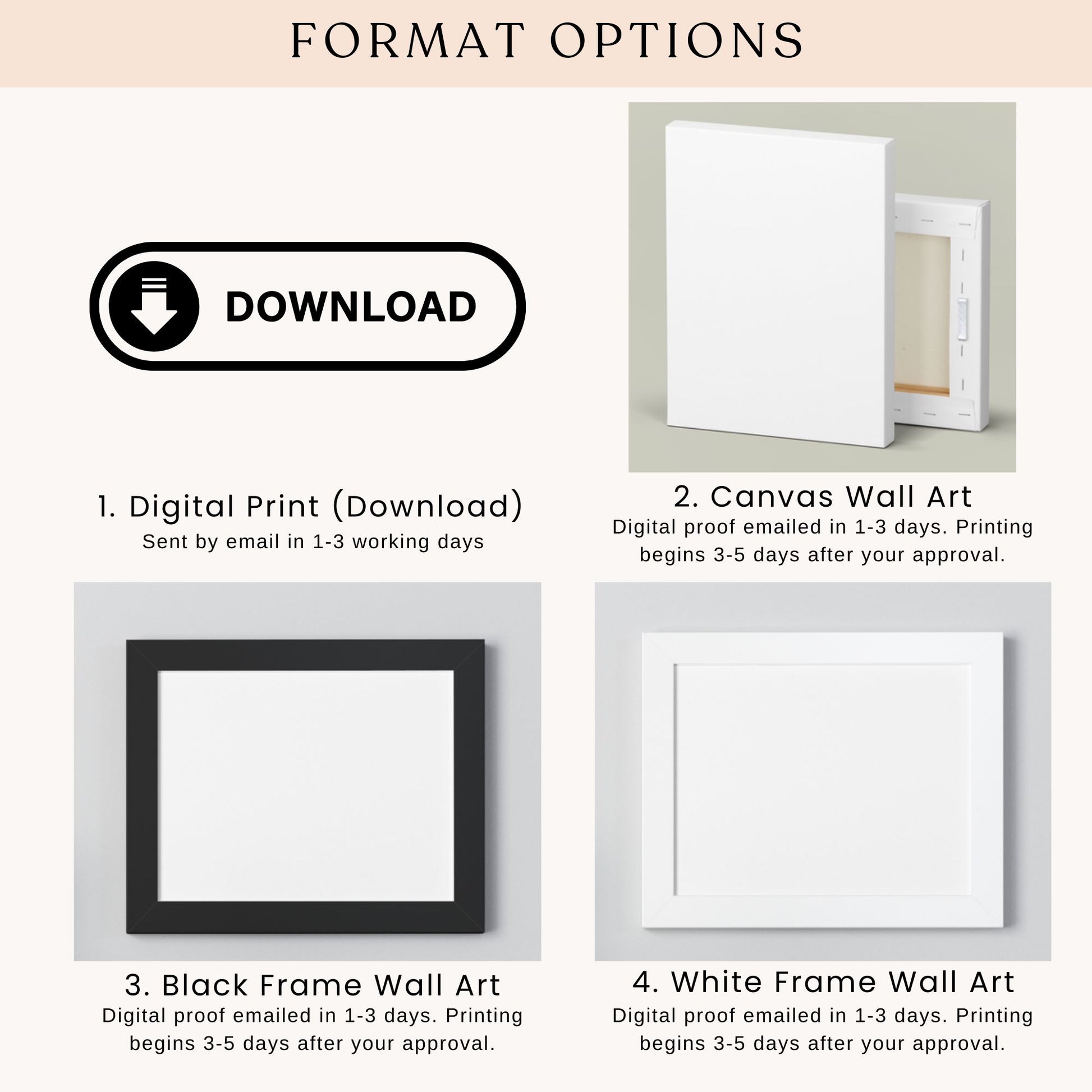 The image provides format options for digital prints and canvas wall art, including options for black frame wall art and white frame wall art.