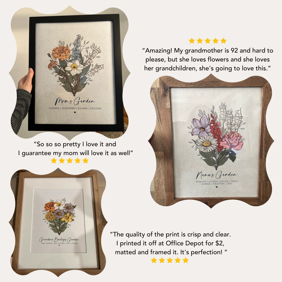The image is a collage of four photos featuring a framed print of a floral design, with text describing the print and the person's opinion of it.