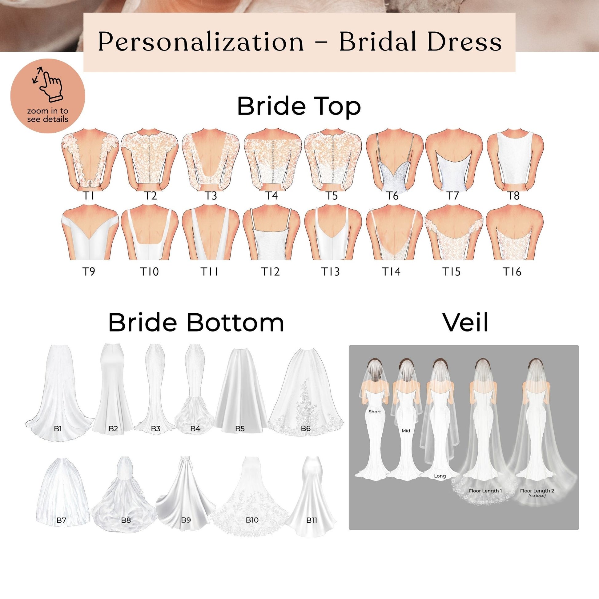 The image is a collage of various bride dress designs, including different styles of bridesmaid dresses and bridesmaid tops.