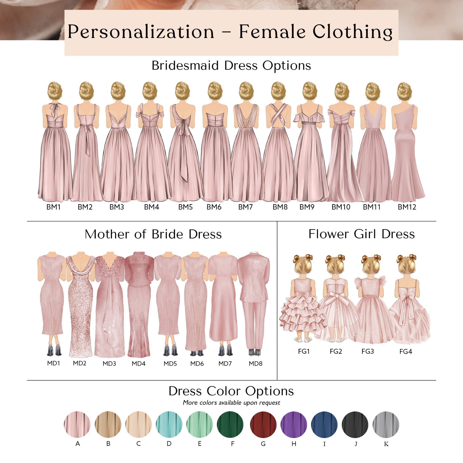 The image is a collage of various illustrations of bridesmaid and mother of bride dresses, along with color options for each dress type.