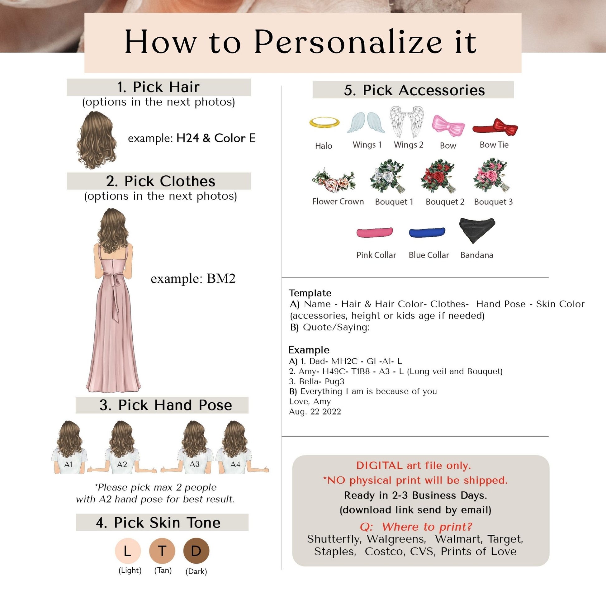 The image is a collage of four photos depicting different ways to personalize a person's appearance, including hair, clothing, accessories, and hand pose.