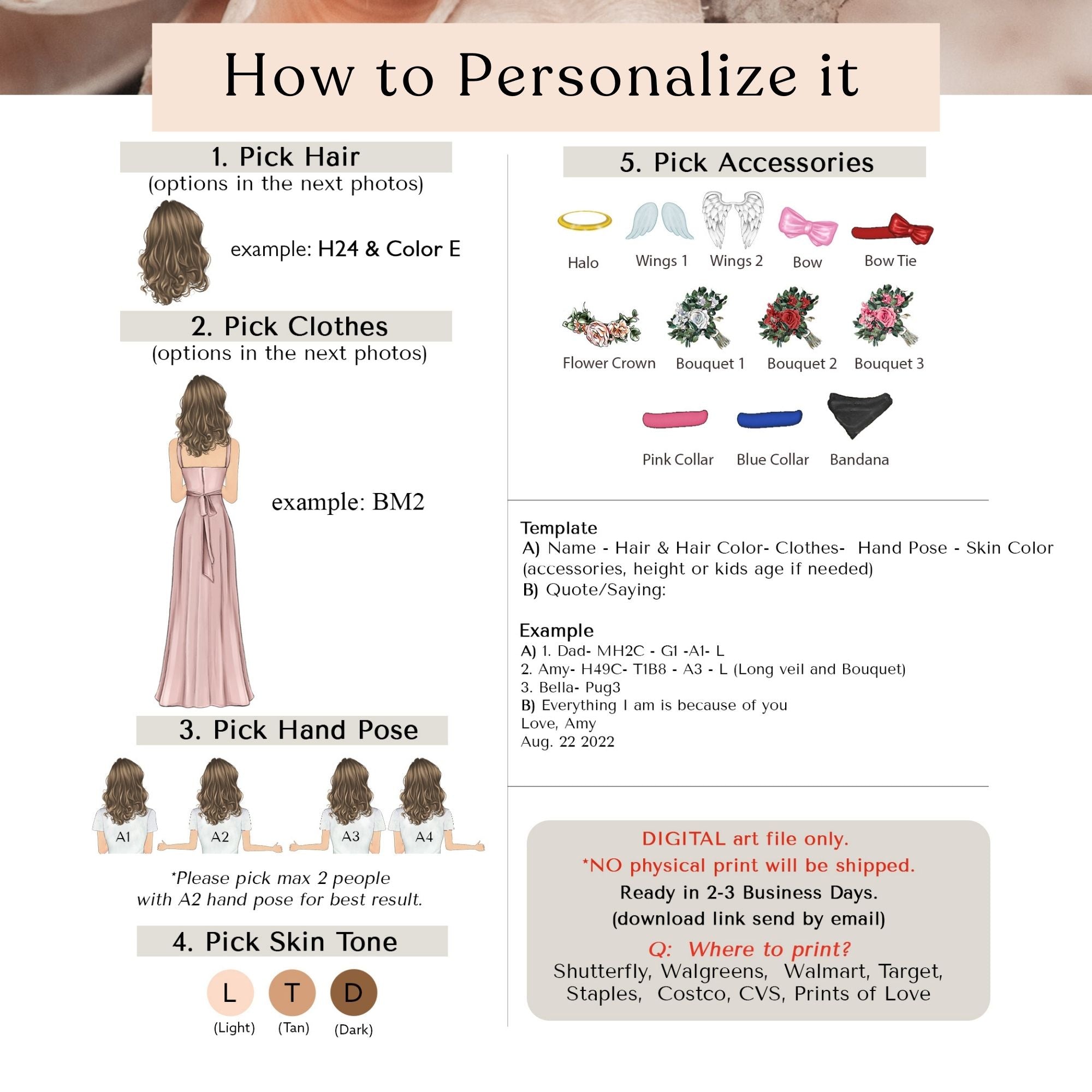 The image is a collage of four photos depicting different ways to personalize a person's appearance, including hair, clothing, accessories, and hand pose.