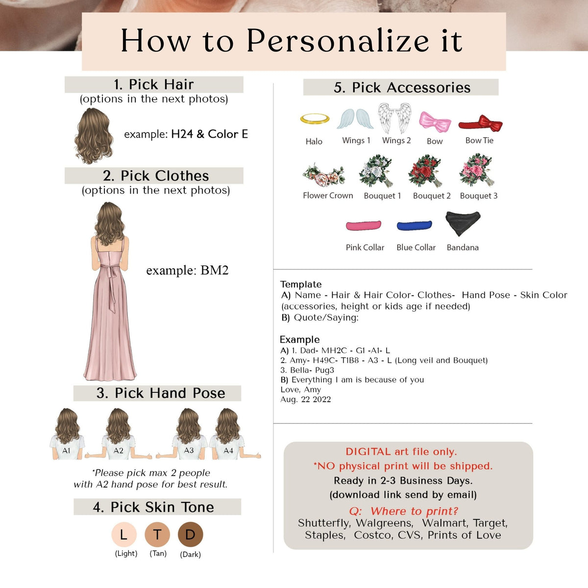 The image is a collage of four photos depicting different ways to personalize a person's appearance, including hair, clothing, accessories, and hand pose.
