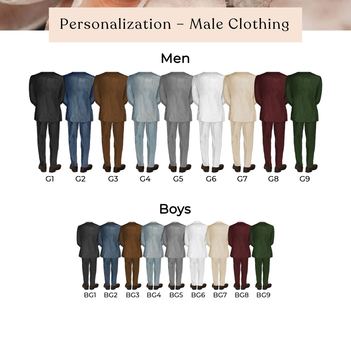 a collection of male clothing items, including suits and jackets, with different colors and styles. The suits are arranged in two rows, with the top row representing men's clothing and the bottom row representing boys' clothing.
