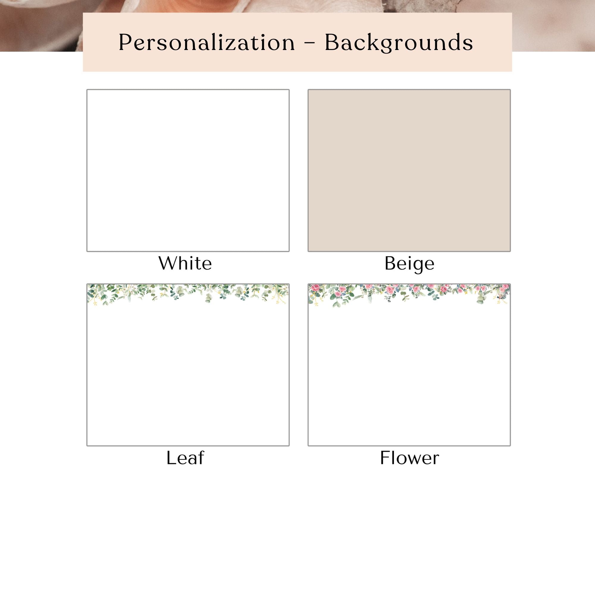 four different backgrounds, each with a unique design and color. The first background is white, the second is beige, the third is white, and the fourth is beige. The first background features a leaf design, the second has a flower design, the third has a leaf design, and the fourth has a flower design.