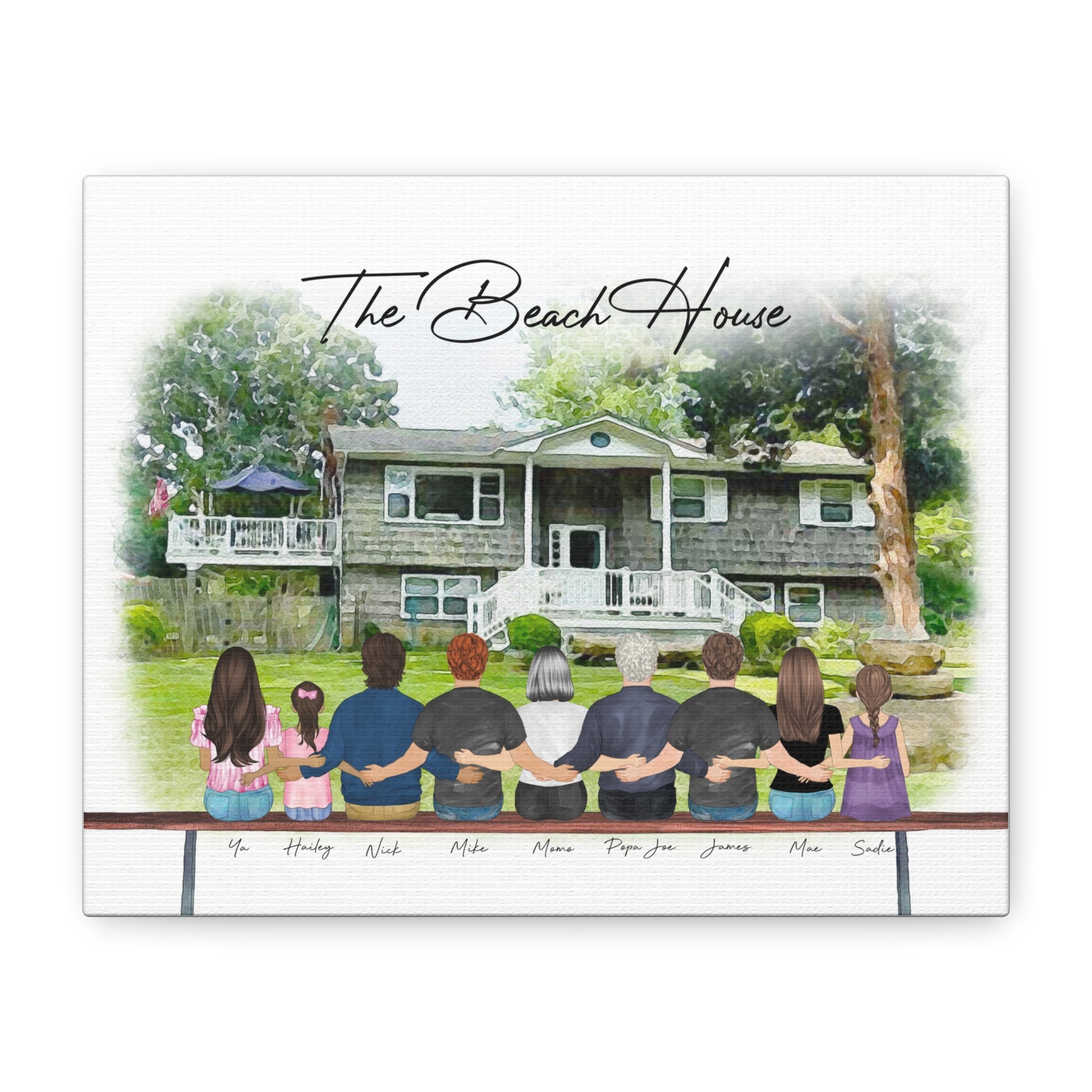 Personalized Family Beach House Canvas — Custom Names & Portraits, Stretched Matte Wall Art