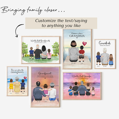 a set of four greeting cards featuring a family sitting on a dock