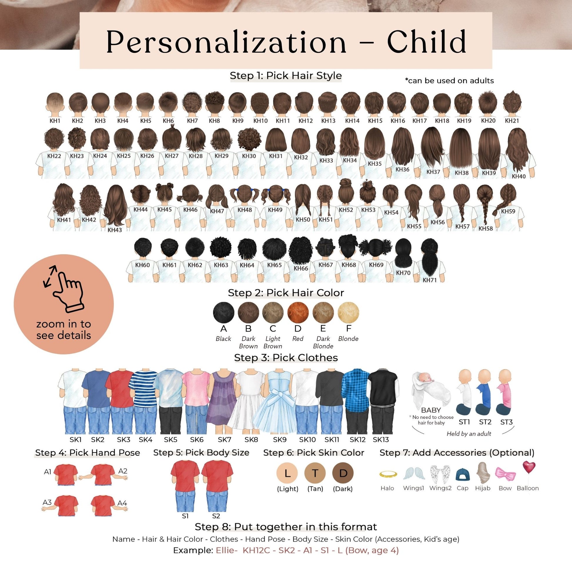 The image is a detailed illustration of a child's personalization, featuring various hair styles, clothing options, and accessories.