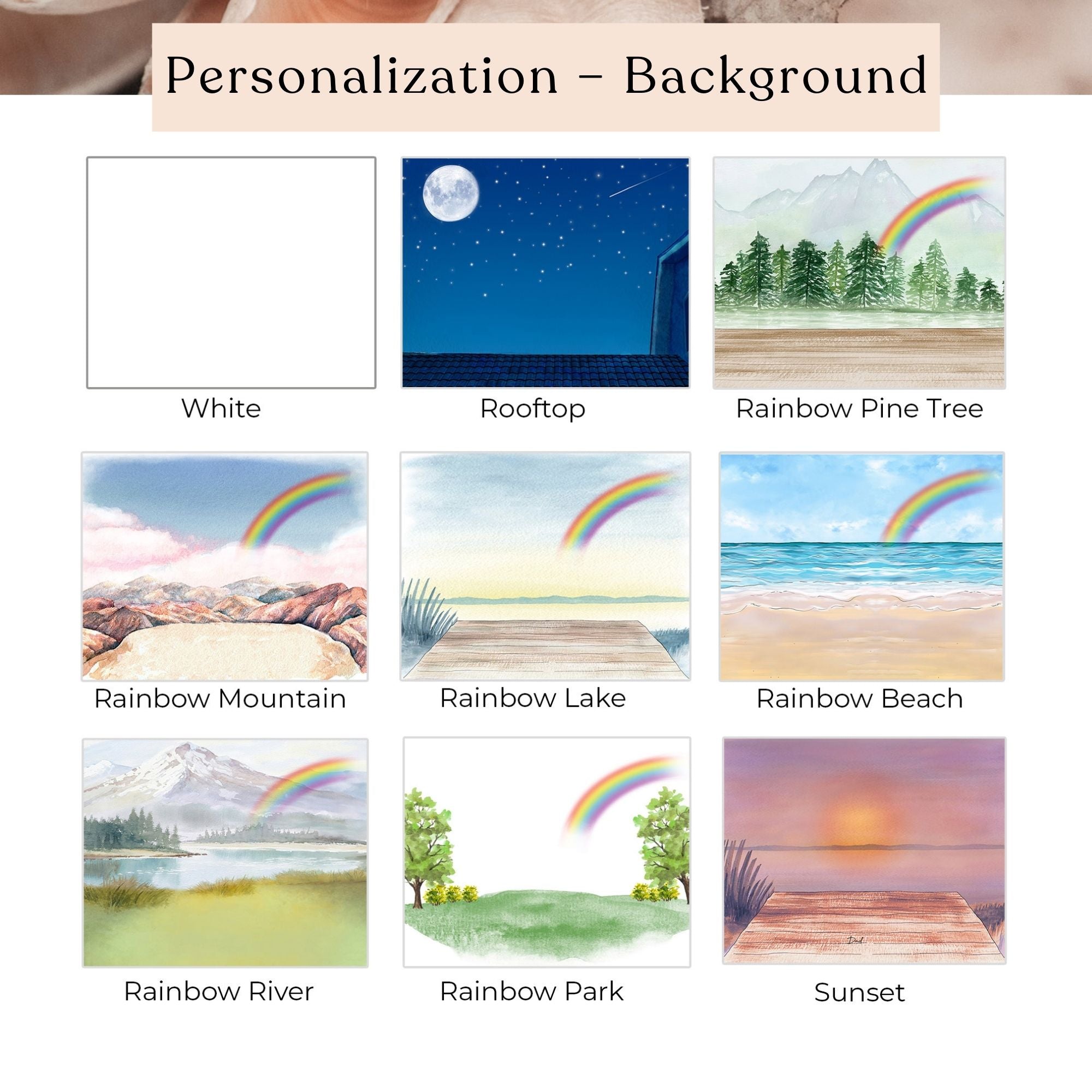nine different pictures of landscapes, including a white background, a rooftop, a rainbow tree, a mountain, a lake, a beach, a rainbow, a river, a park, and a sunset.