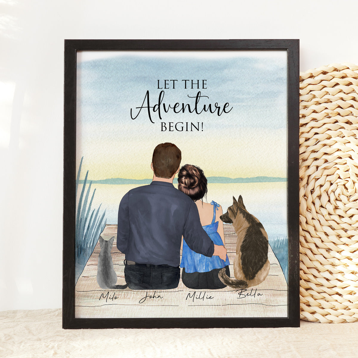Custom Couple & Pet Portrait by the Lake | Anniversary Gift