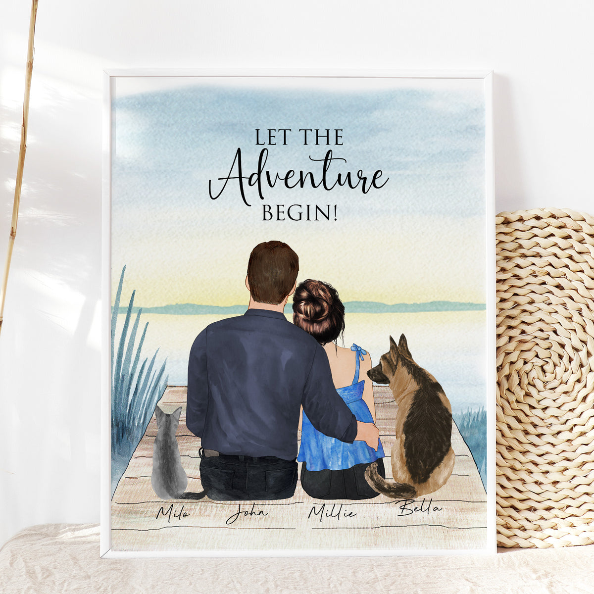 Custom Couple & Pet Portrait by the Lake | Anniversary Gift