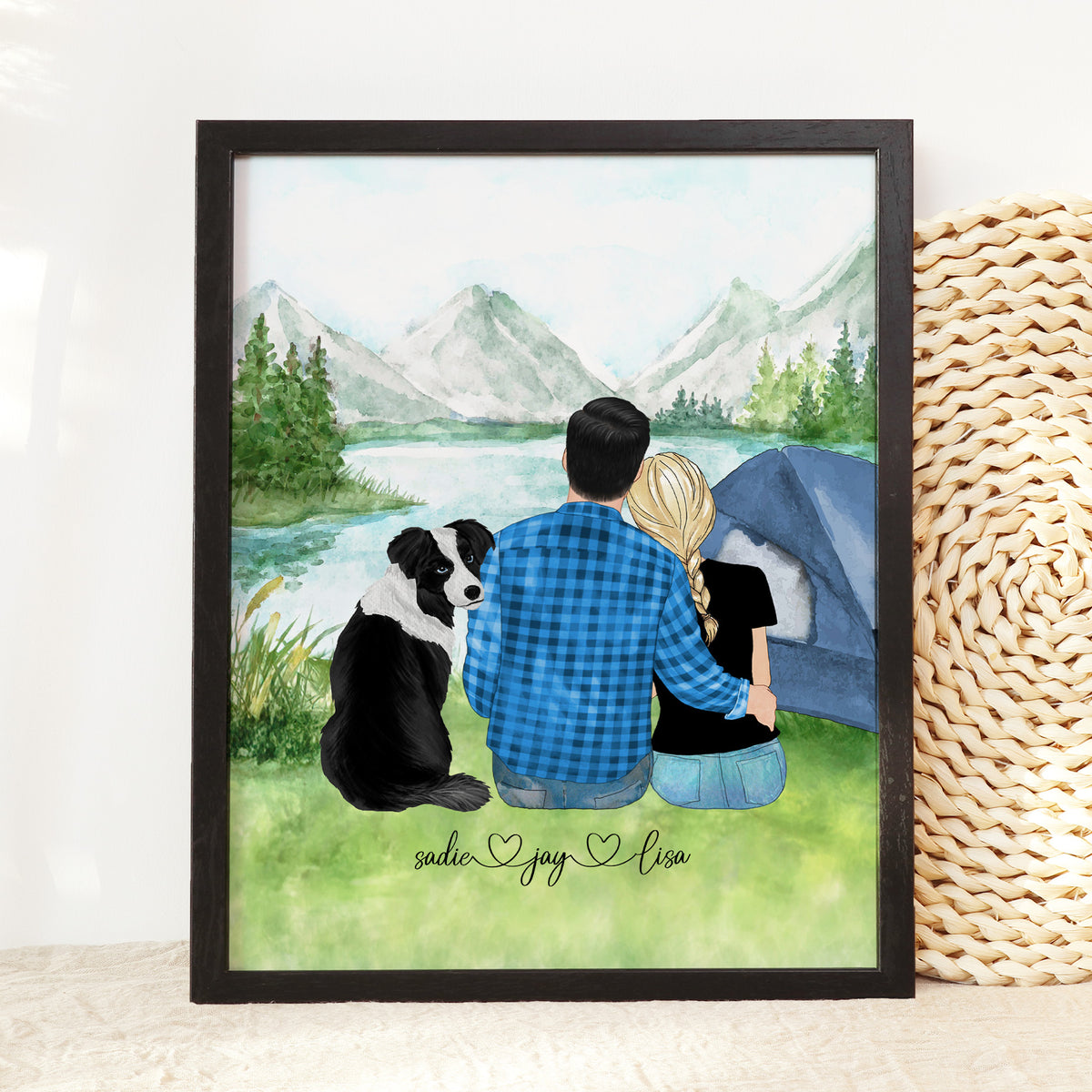Custom Couple & Dogs Lake Camping Portrait | Anniversary Gift