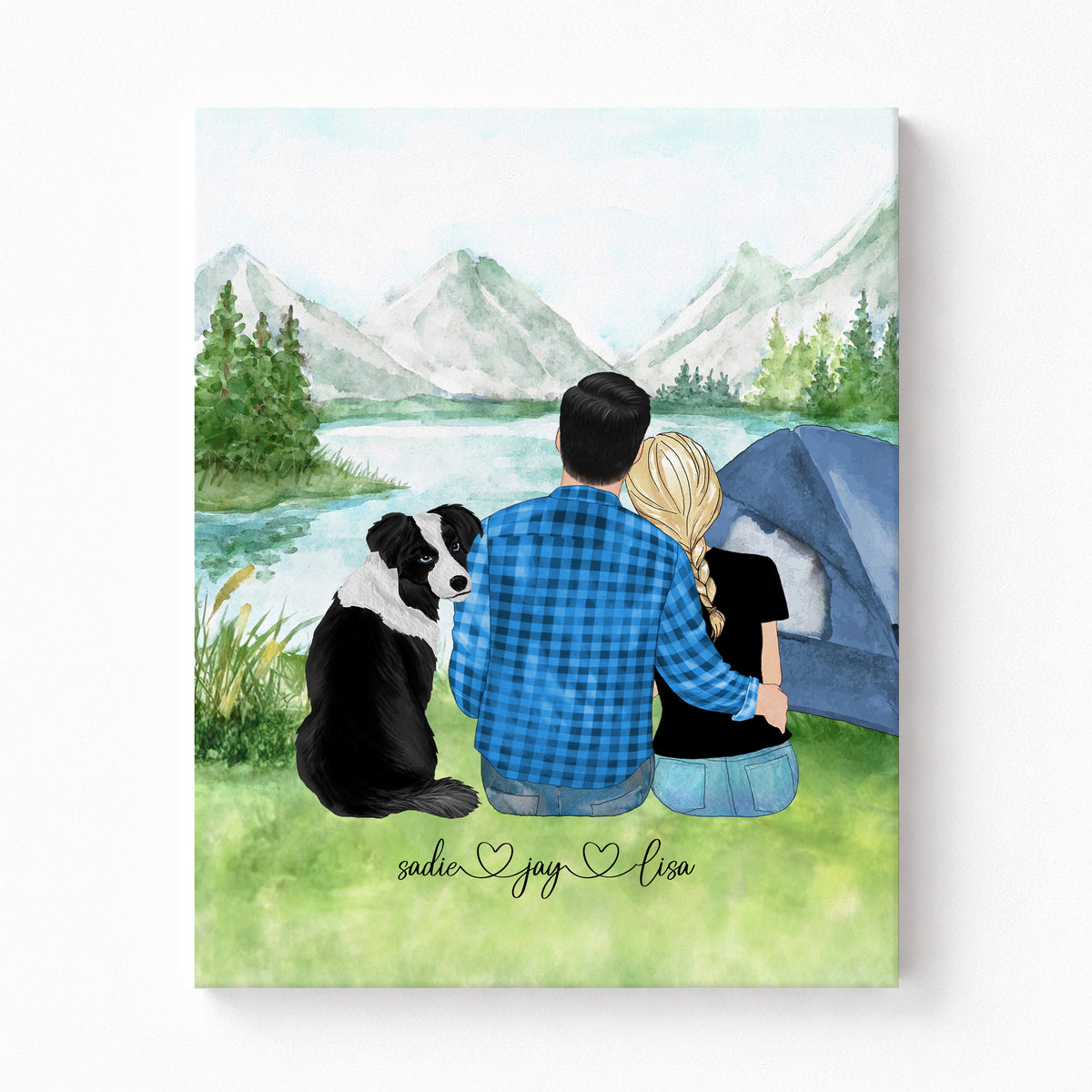 Custom Couple & Dogs Lake Camping Portrait | Anniversary Gift