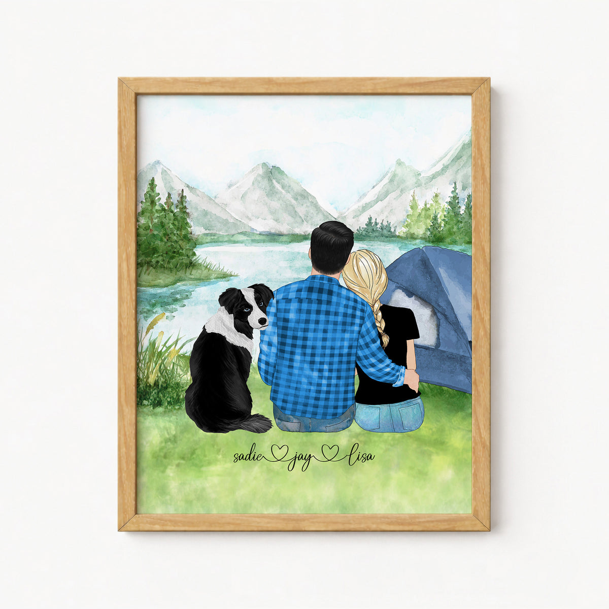 Custom Couple & Dogs Lake Camping Portrait | Anniversary Gift