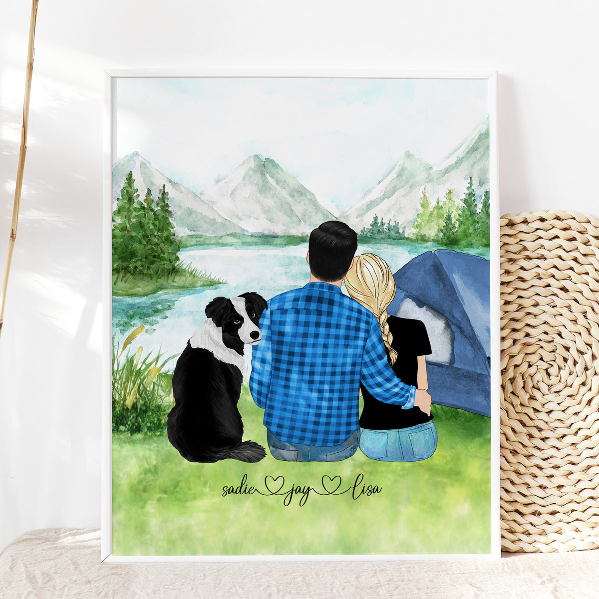 Custom Couple & Dogs Lake Camping Portrait | Anniversary Gift