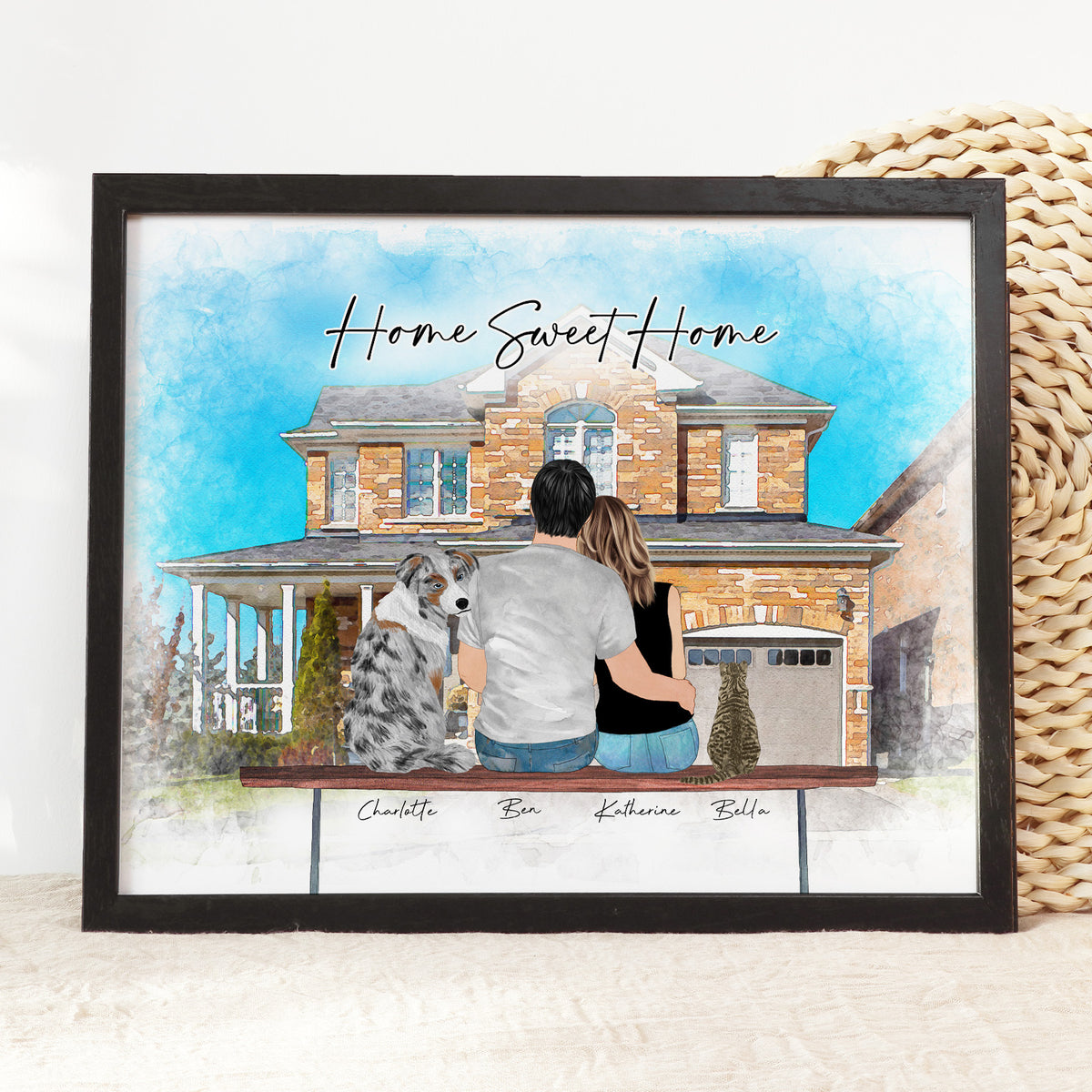 Custom Couple & Dog with House Portrait | Housewarming Gift