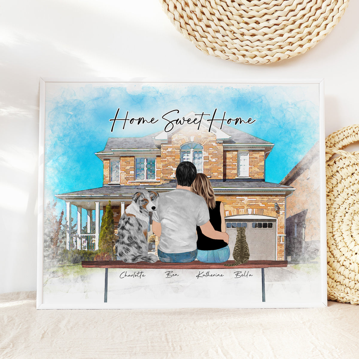 Custom Couple & Dog with House Portrait | Housewarming Gift