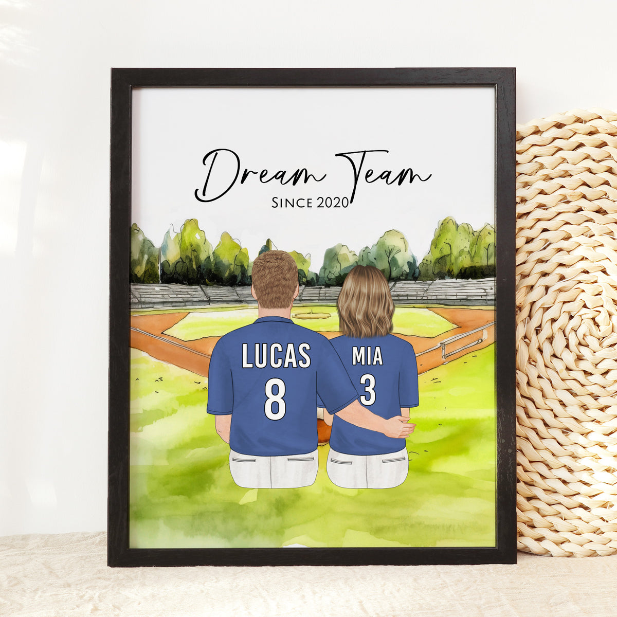 Custom Baseball Couple & Pet Portrait | Baseball Fan Gift