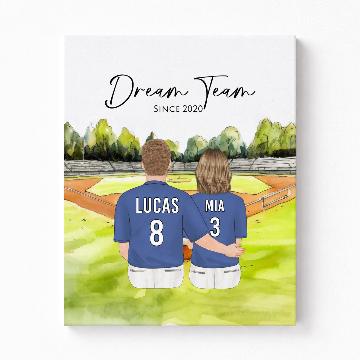 Custom Baseball Couple & Pet Portrait | Baseball Fan Gift
