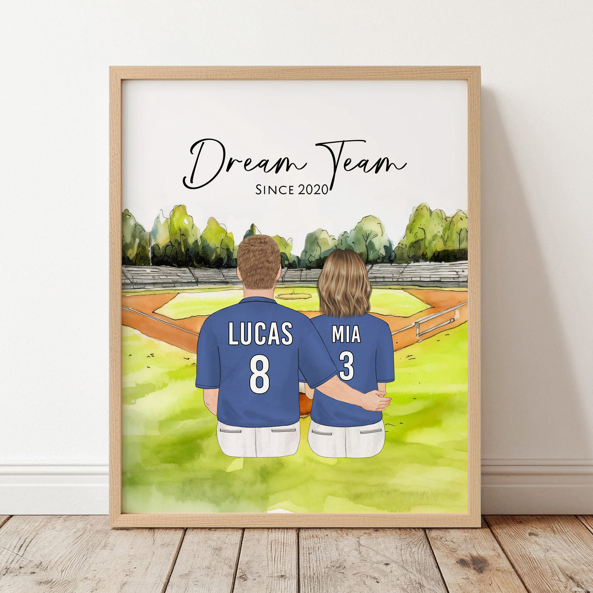 Custom Baseball Couple & Pet Portrait | Baseball Fan Gift