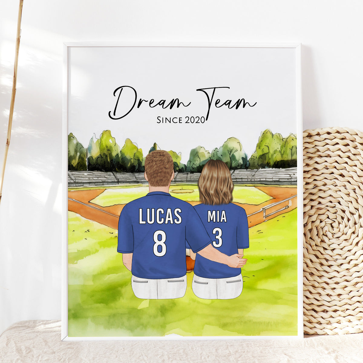 Custom Baseball Couple & Pet Portrait | Baseball Fan Gift