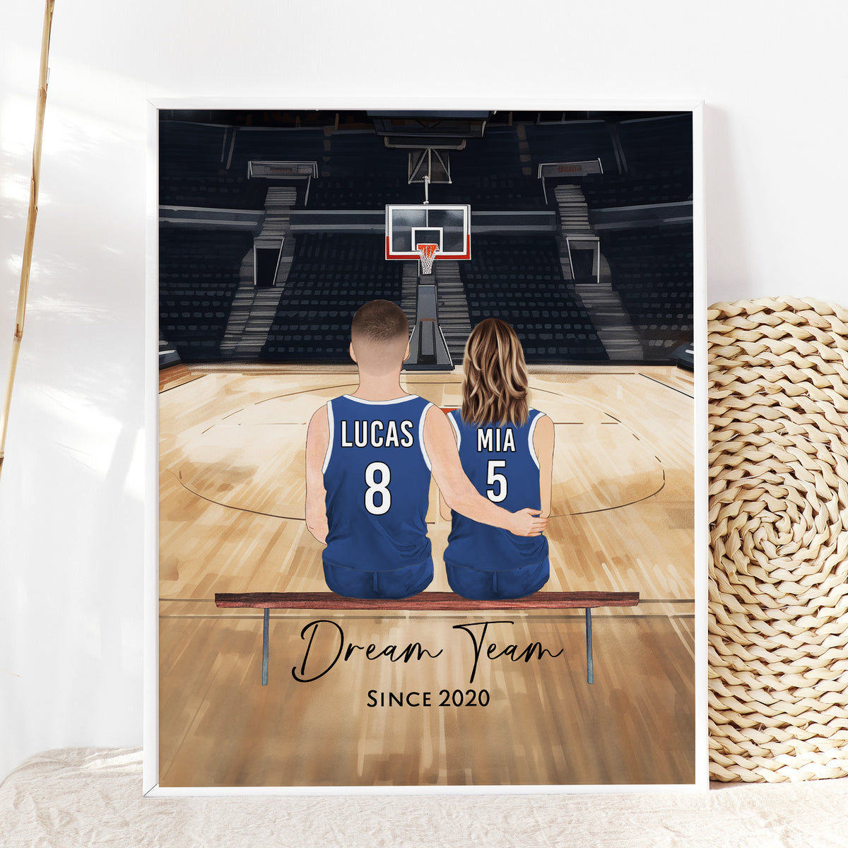 Custom Basketball Couple & Pet Portrait | Basketball Fan Couple Gift