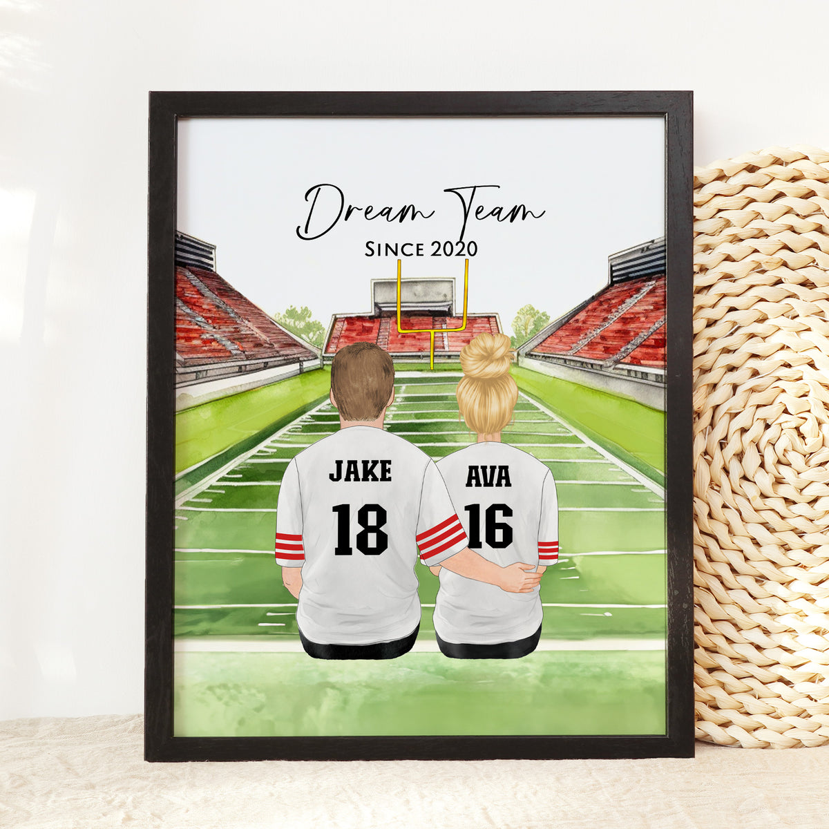 Custom Football Couple & Pet Portrait | NFL Fan Couple Gift