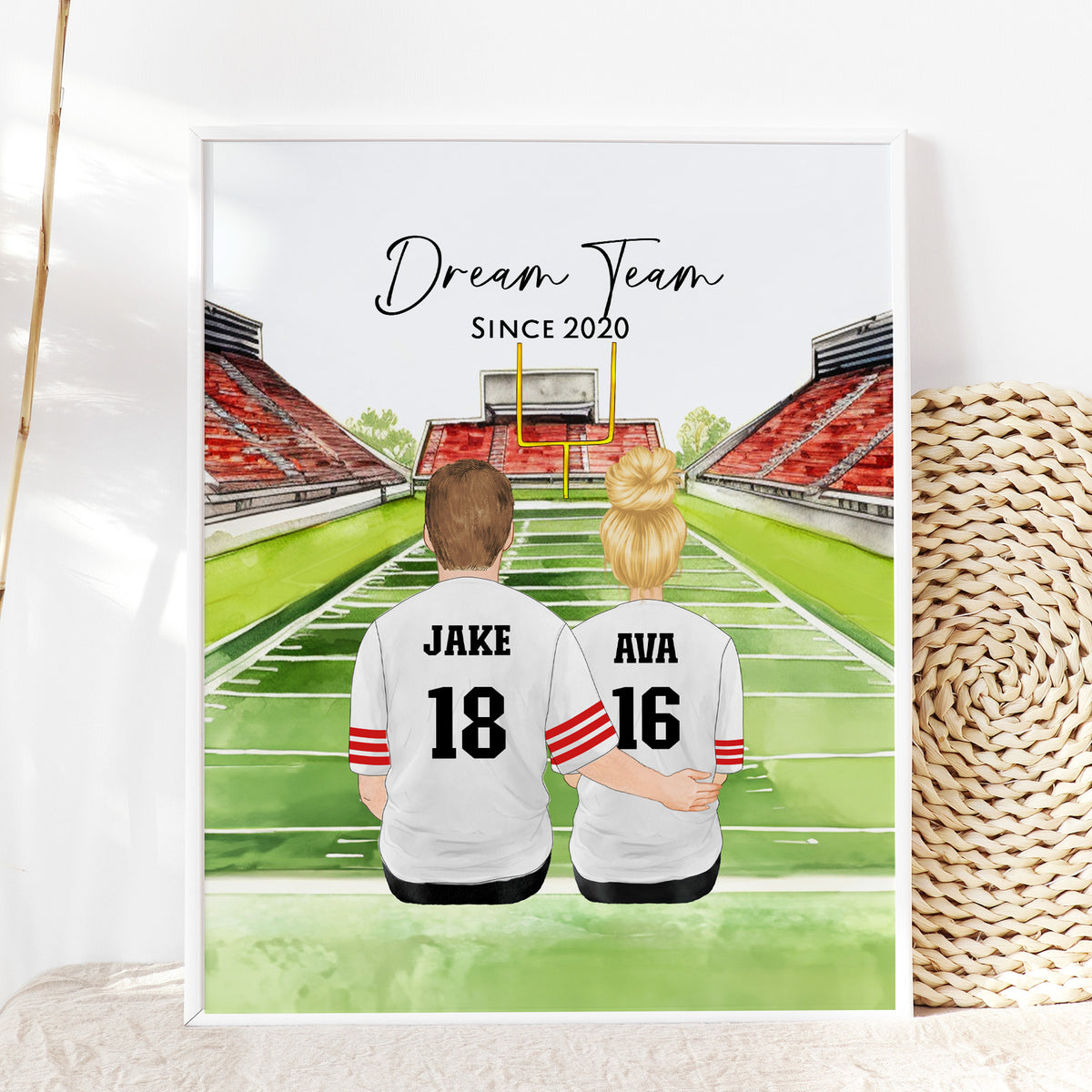 Custom Football Couple & Pet Portrait | NFL Fan Couple Gift
