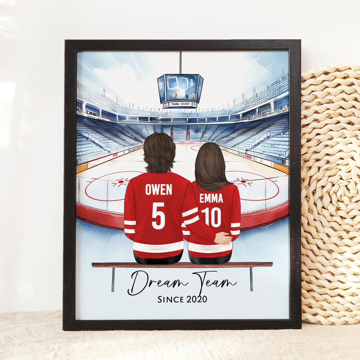 Custom Ice Hockey Couple & Pet Portrait | Hockey Couple Gift