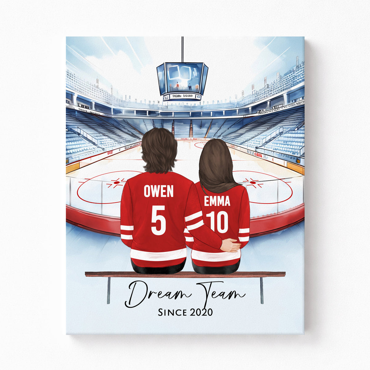 Custom Ice Hockey Couple & Pet Portrait | Hockey Couple Gift