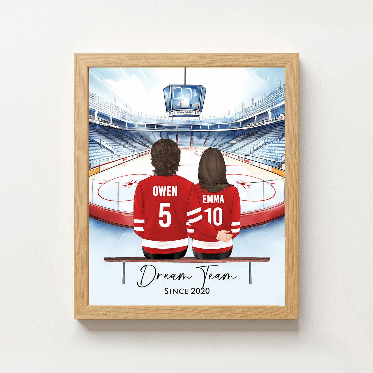 Custom Ice Hockey Couple & Pet Portrait | Hockey Couple Gift