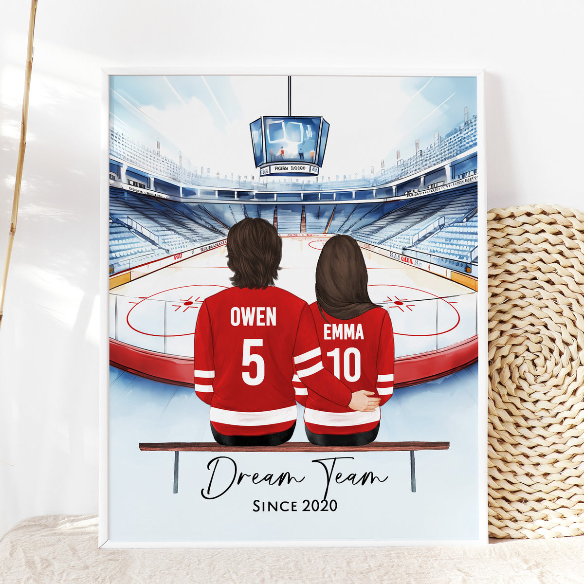 Custom Ice Hockey Couple & Pet Portrait | Hockey Couple Gift