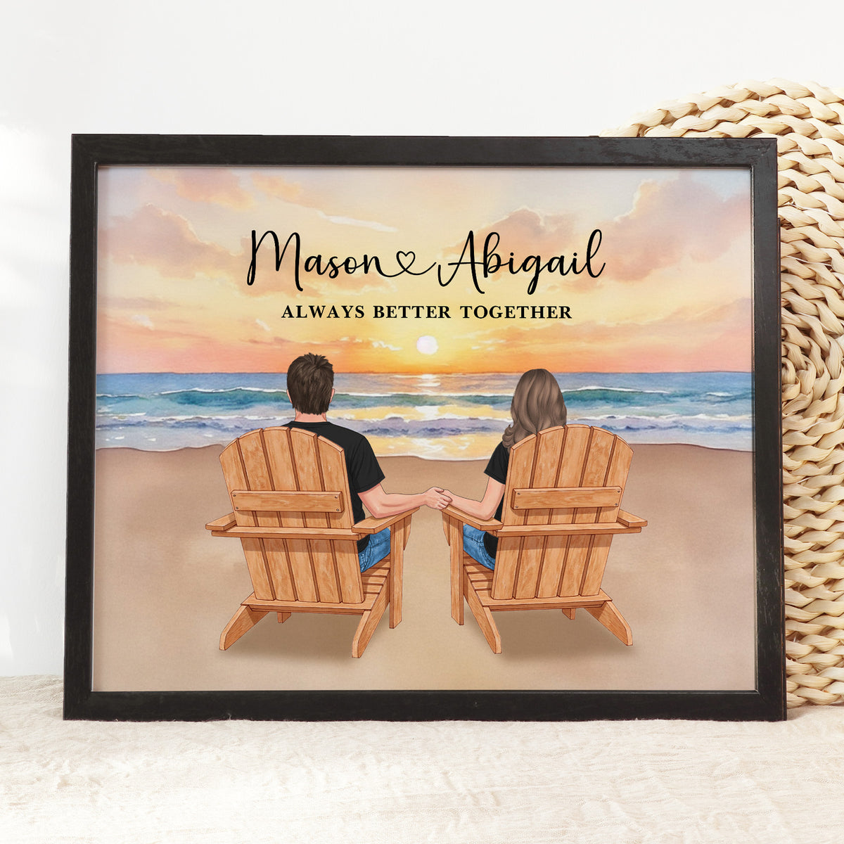 Custom Couple Sitting by Lake Portrait | Anniversary Gift