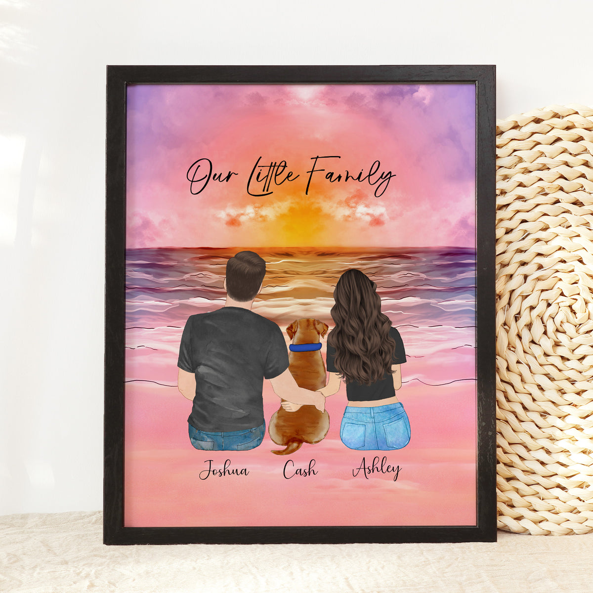 Custom Couple & Dog Sunset Beach Portrait | Anniversary Gift