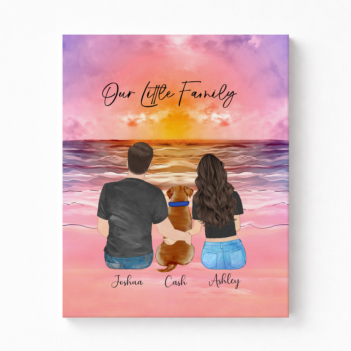 Custom Couple & Dog Sunset Beach Portrait | Anniversary Gift