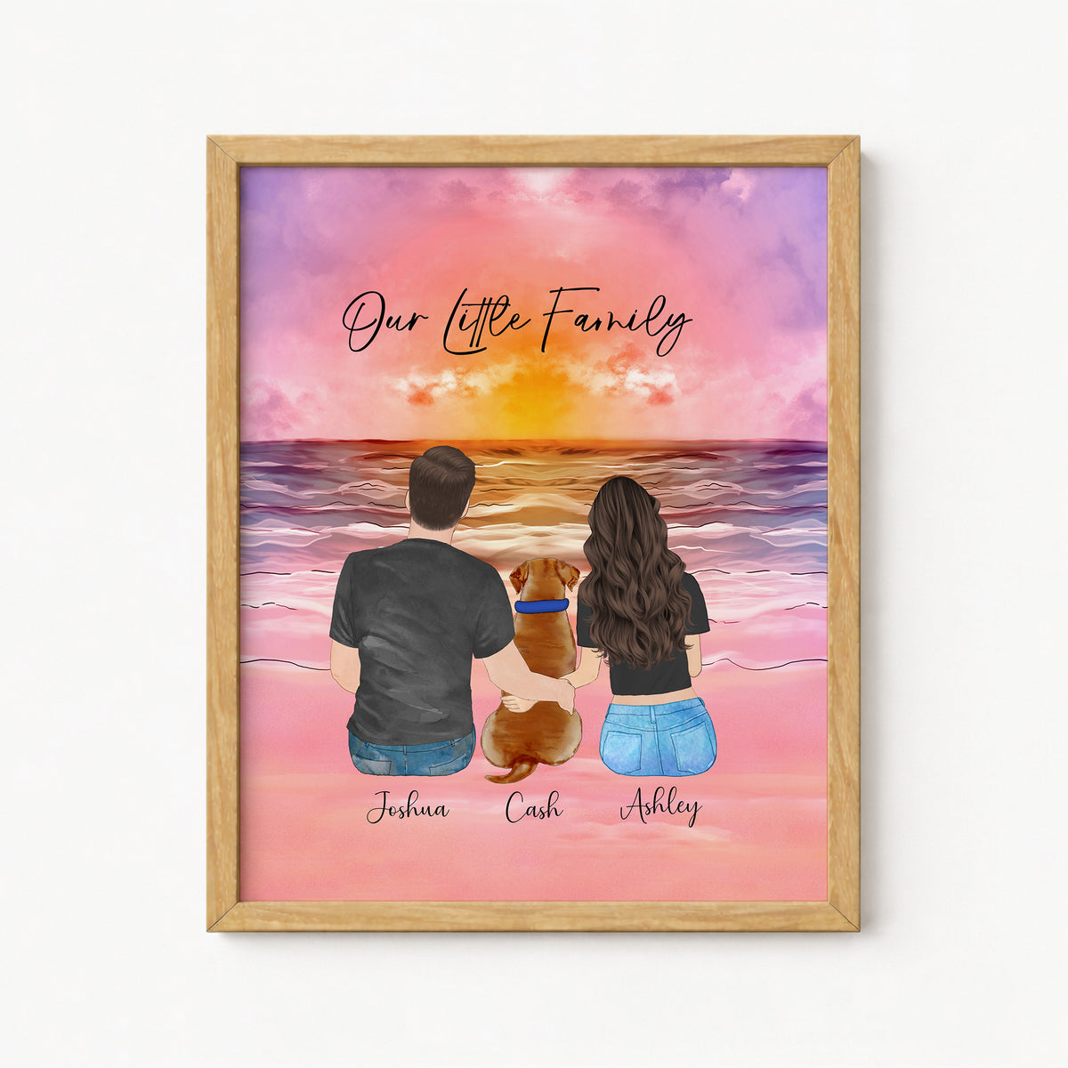 Custom Couple & Dog Sunset Beach Portrait | Anniversary Gift