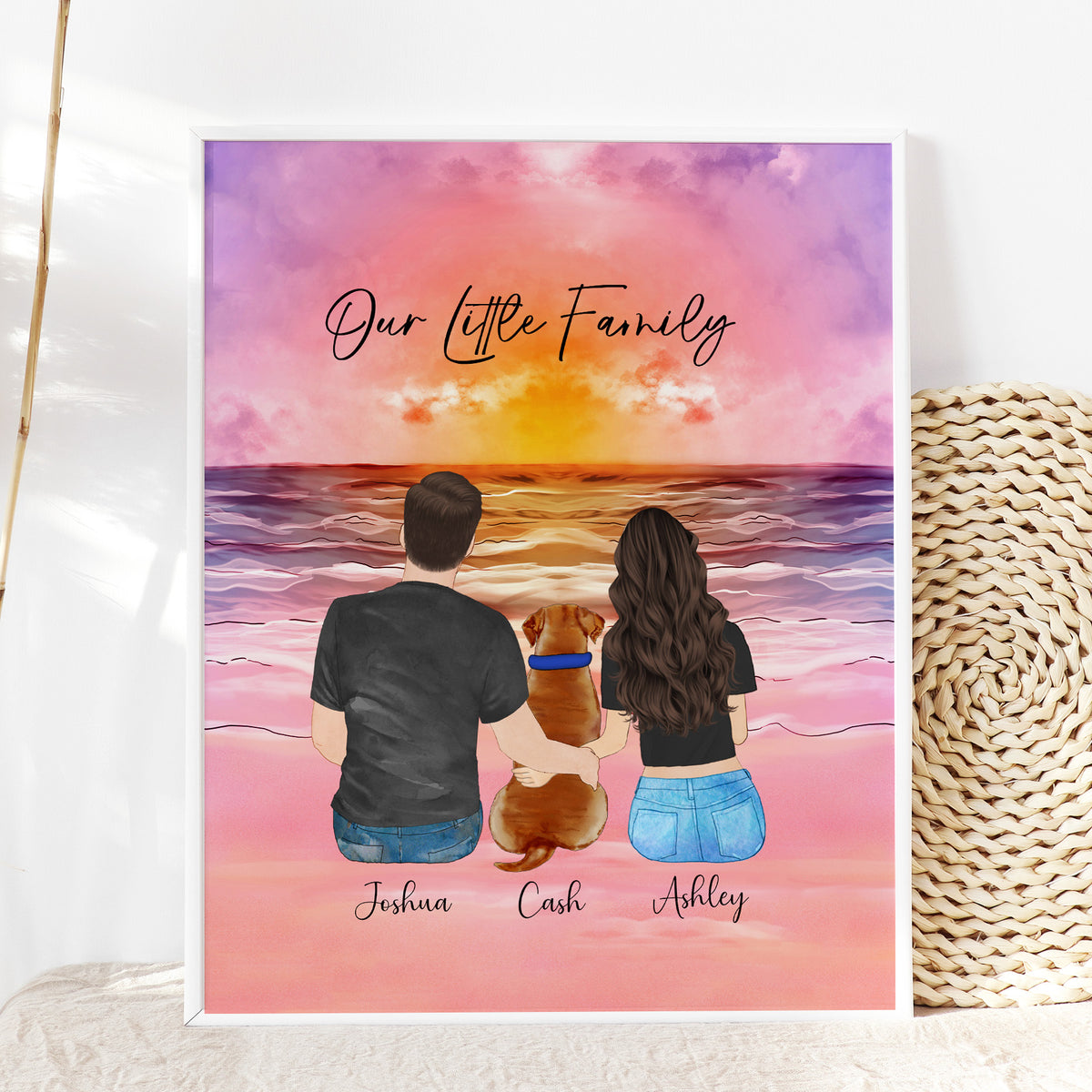 Custom Couple & Dog Sunset Beach Portrait | Anniversary Gift