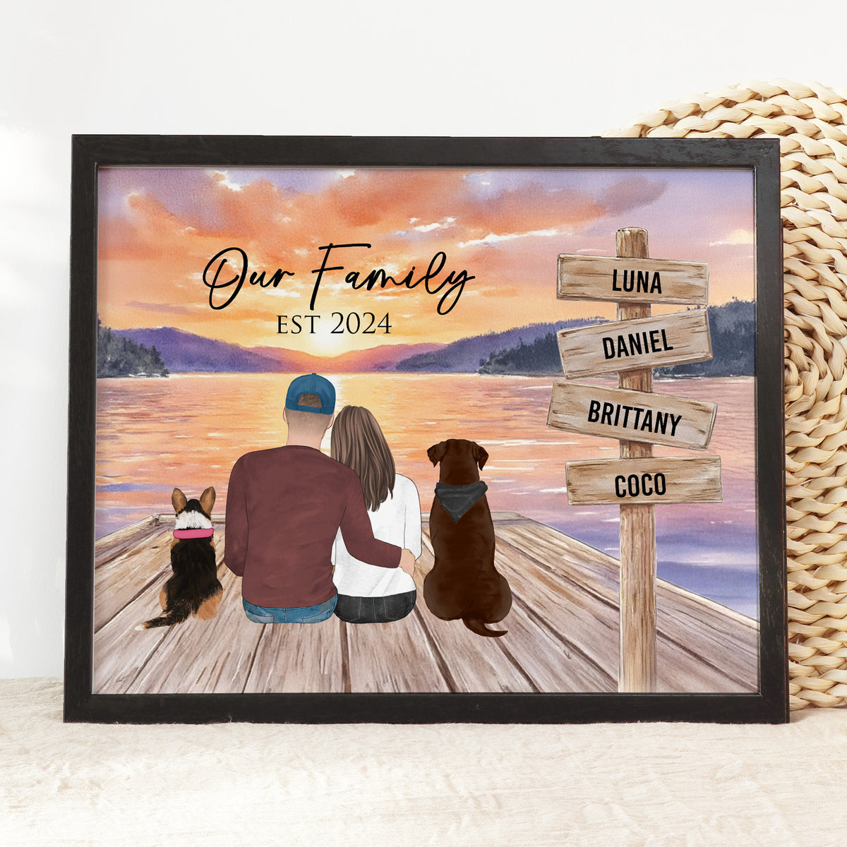 Custom Couple & Dogs Lakeside Dock Portrait | Anniversary Gift