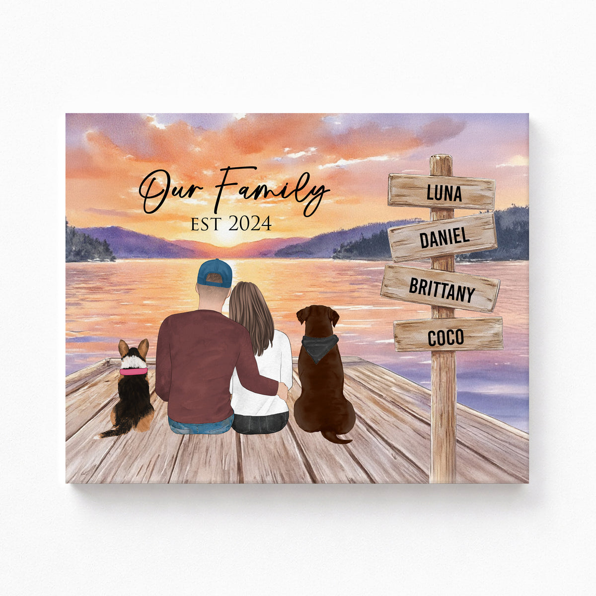 Custom Couple & Dogs Lakeside Dock Portrait | Anniversary Gift