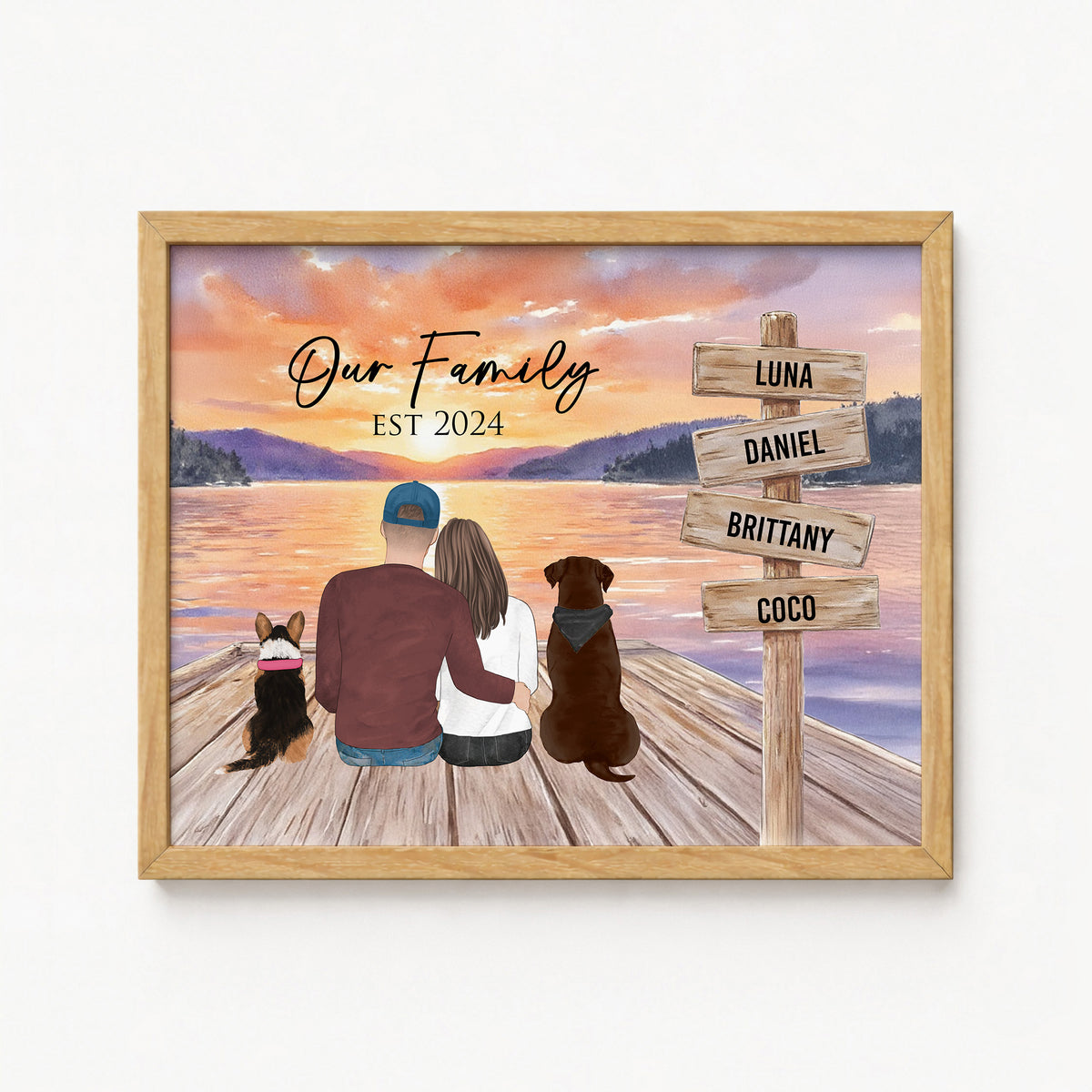 Custom Couple & Dogs Lakeside Dock Portrait | Anniversary Gift